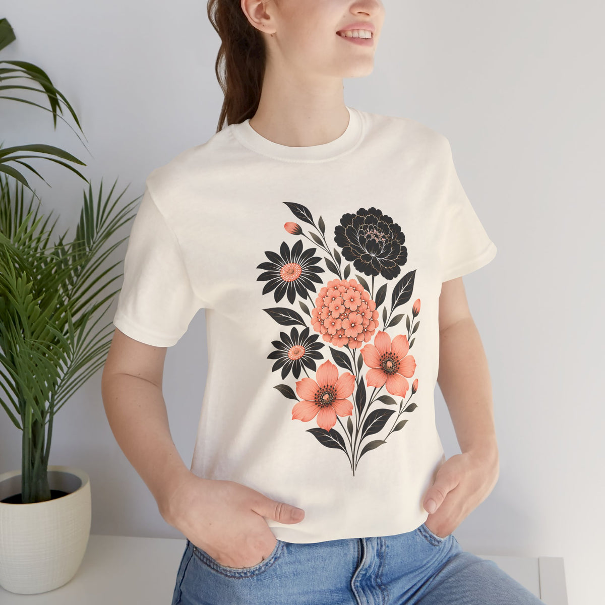 Floral Bouquet T-Shirt, Peach & Black Garden Flower Tee - 14502