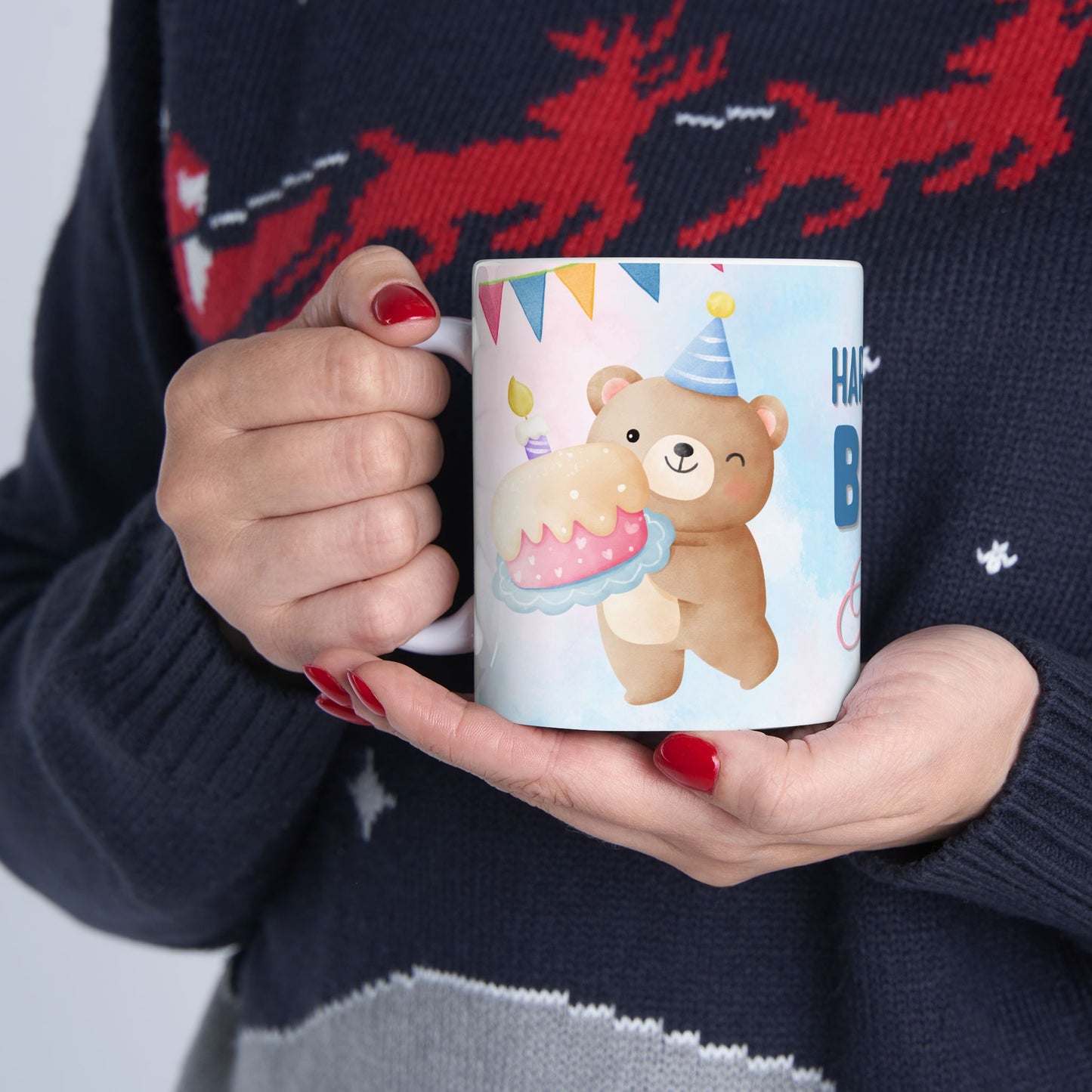 Happy Birthday Ceramic Mug, Customizable Gift, Party Favor, 1st Birthday Keepsake, Cute Bear Design - 13956
