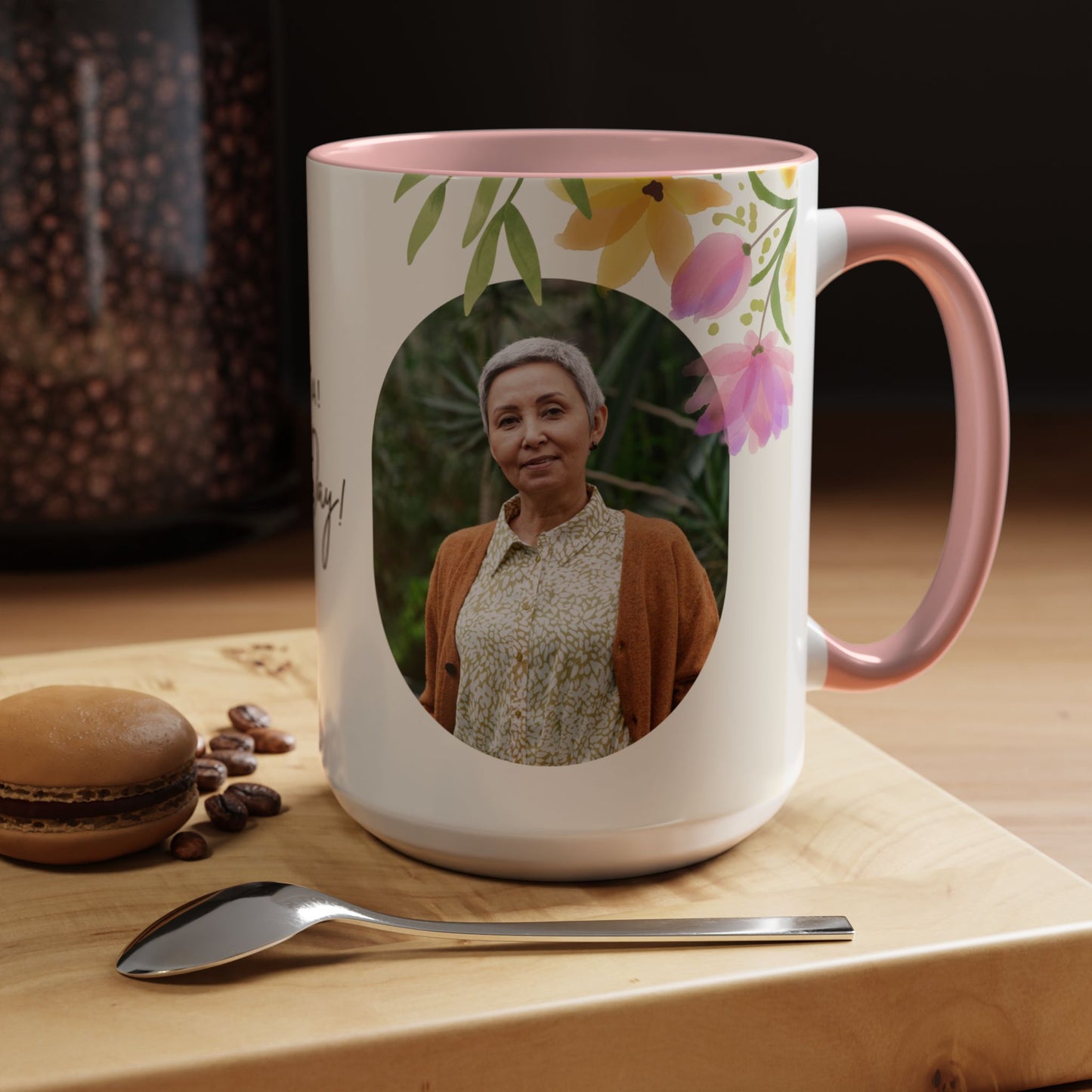 Mother's Day Accent Coffee Mug - Floral Design, Customized Photo - 12542