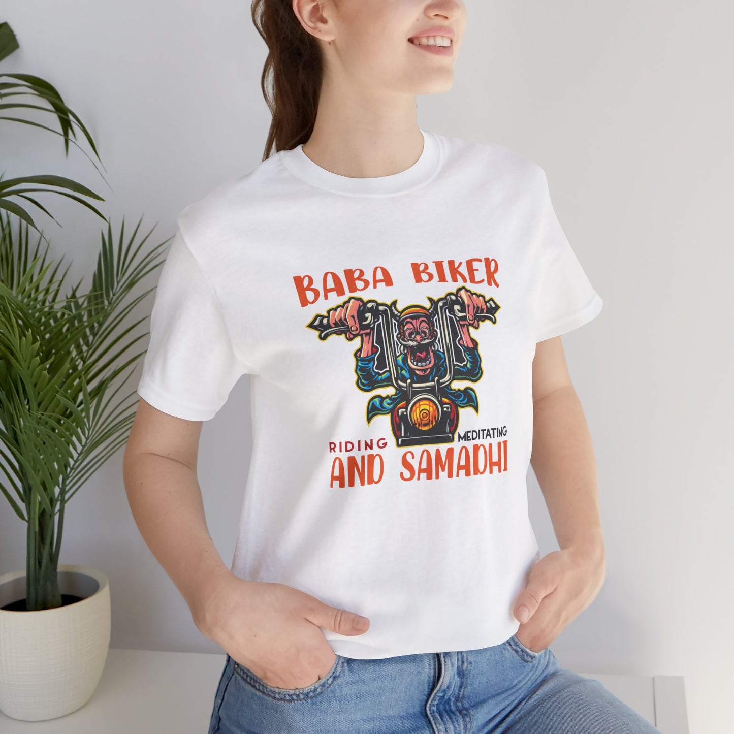 Baba Biker, Riding, Meditating and Samadhi - Unisex Jersey Short Sleeve Tee