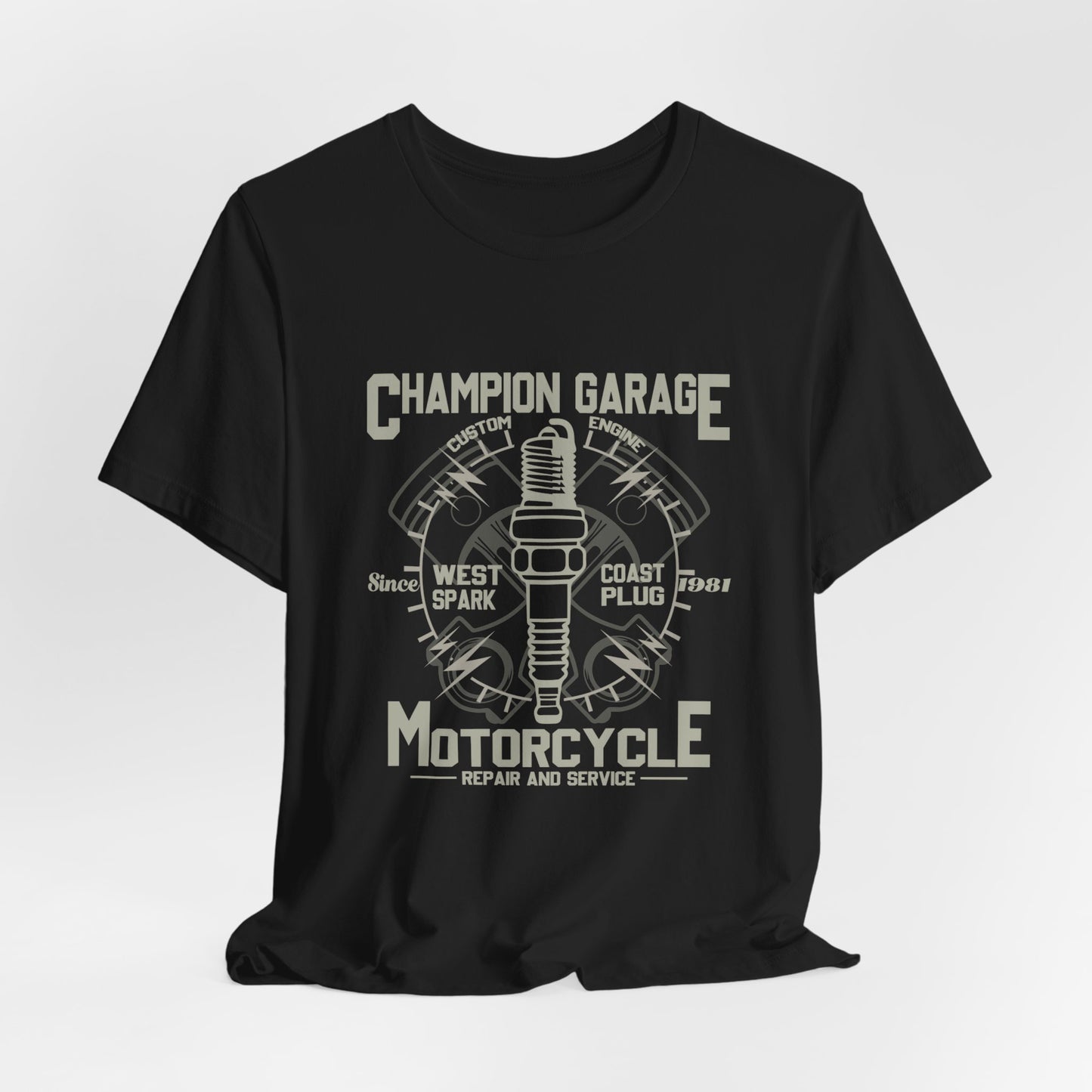 Champion Garage, Motorcycle Repair & Service - Unisex Jersey Short Sleeve Tee