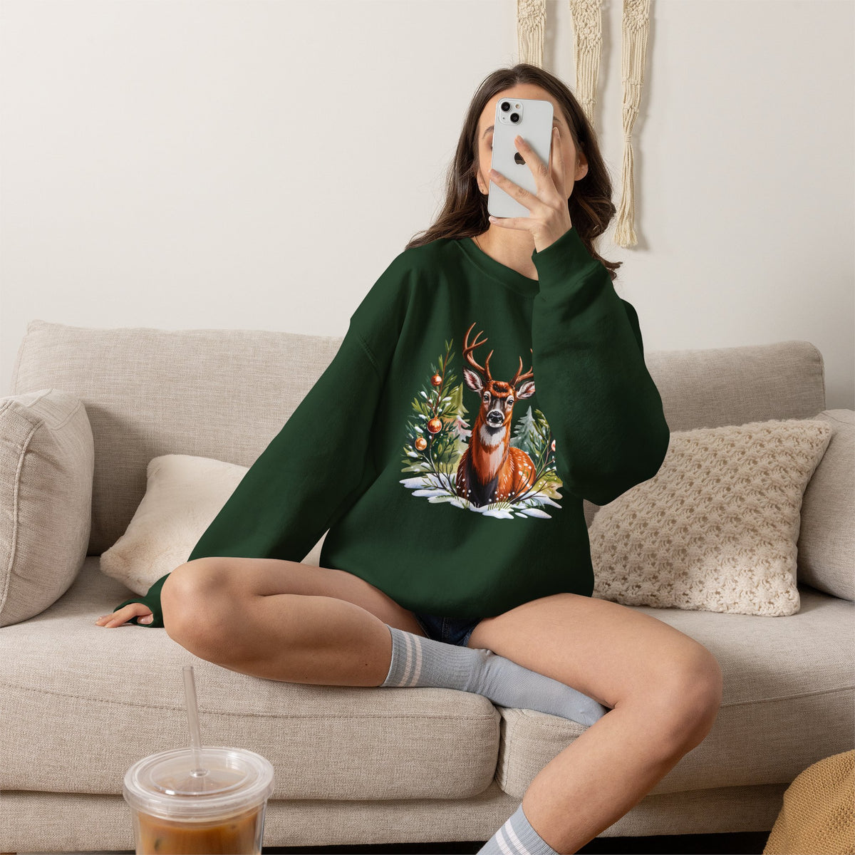 Christmas Deer Sweatshirt, Vintage Woodland Holiday Crewneck - 14562