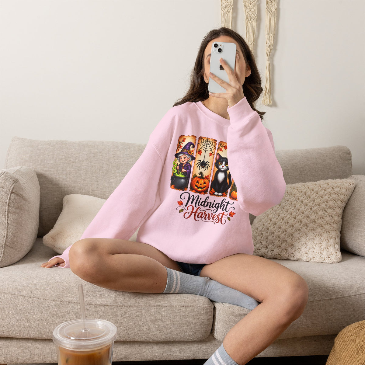 Midnight Harvest Halloween Sweatshirt, Witch, Black Cat, Pumpkins & Spooky Fall Crewneck - 14514