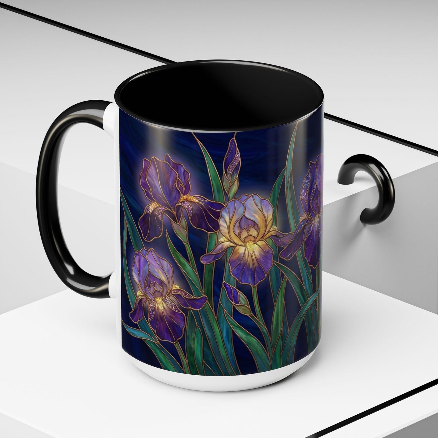 Iris Floral Accent Coffee Mug — Stained Glass Design 11/15oz - 14572