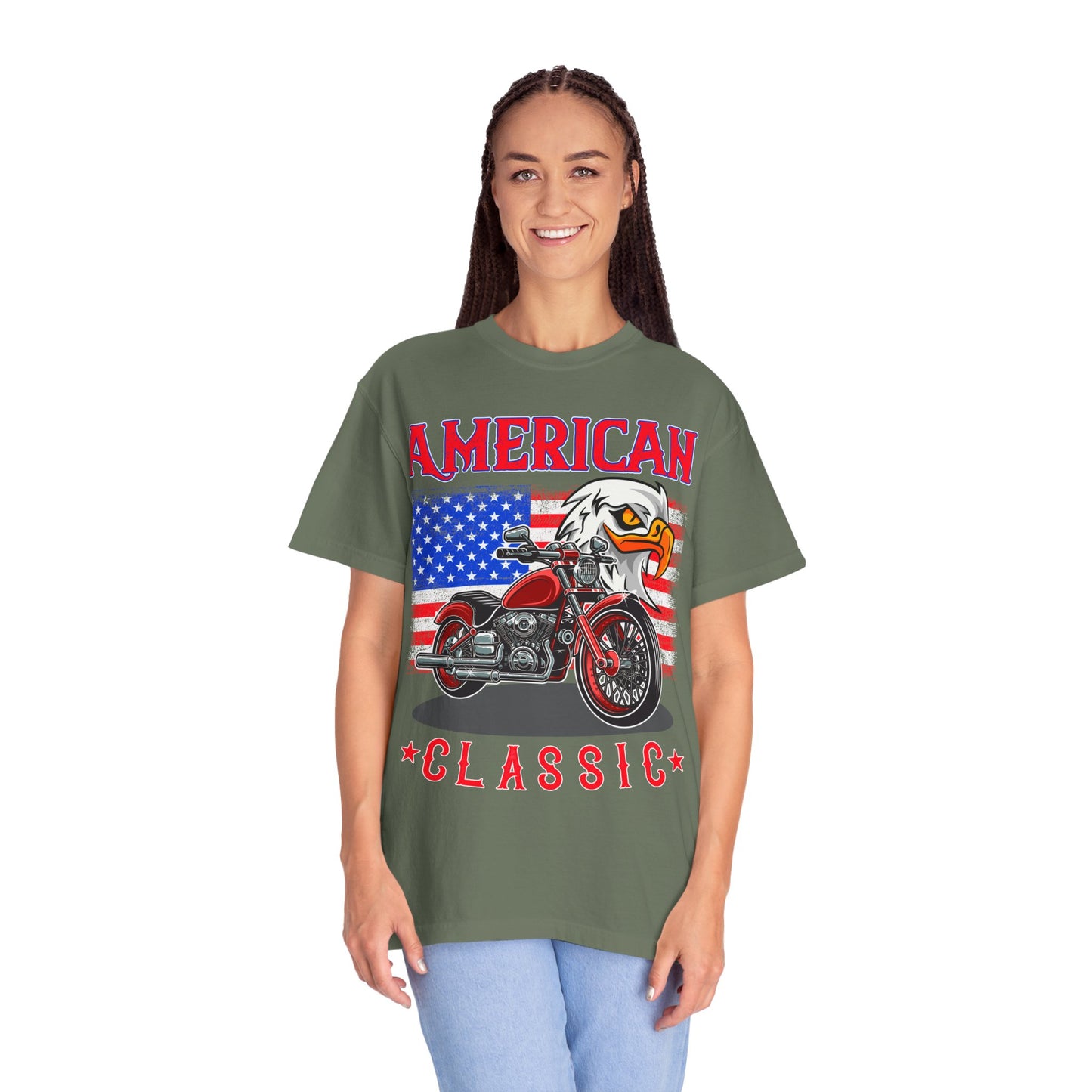 American Classic Tee, Unisex Garment-Dyed T-shirt, Biker Gift, Patriotic Apparel, Rider and Eagle Fashion, Vintage Style - 13658