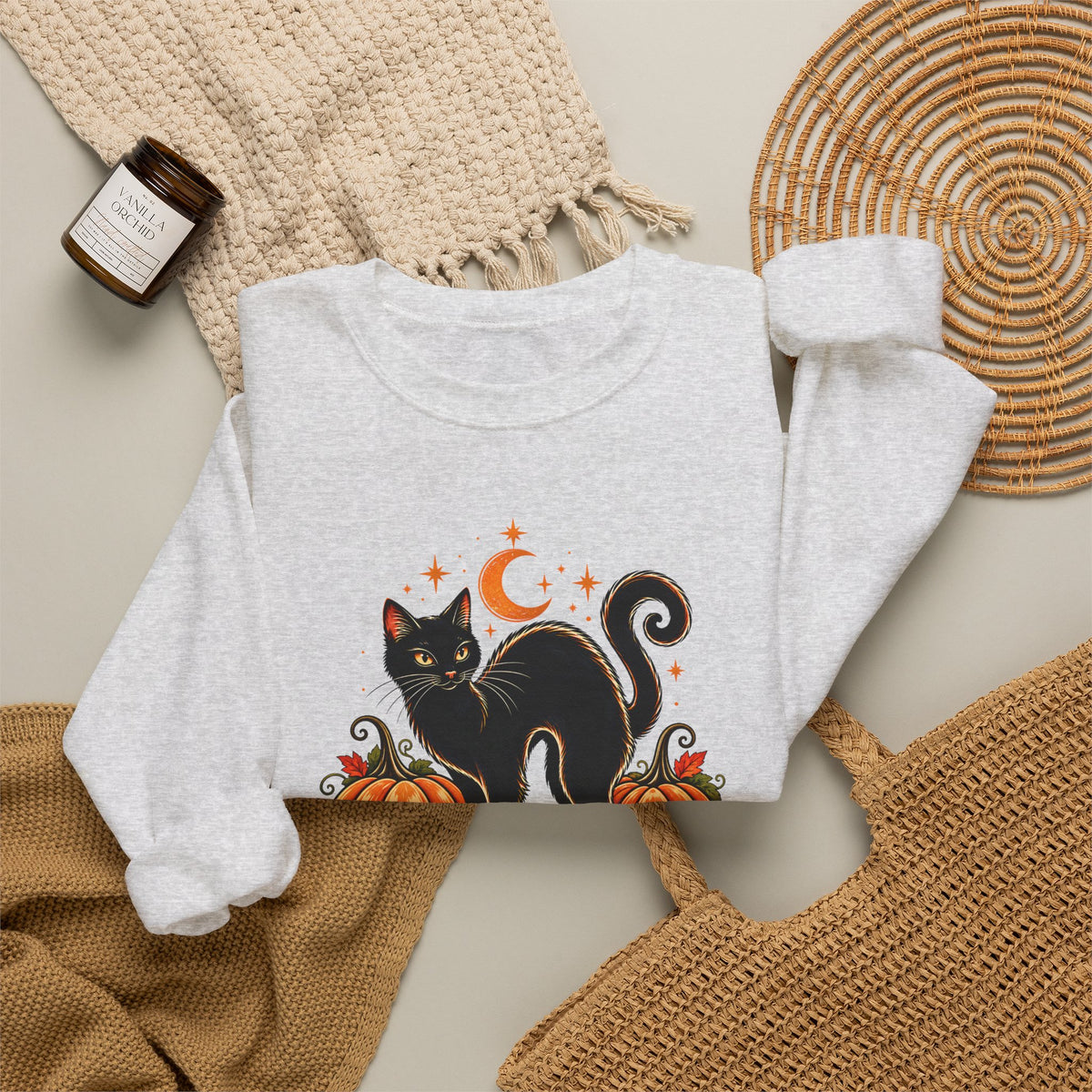 Halloween Black Cat & Pumpkins Sweatshirt, Vintage Autumn Crewneck - 14521