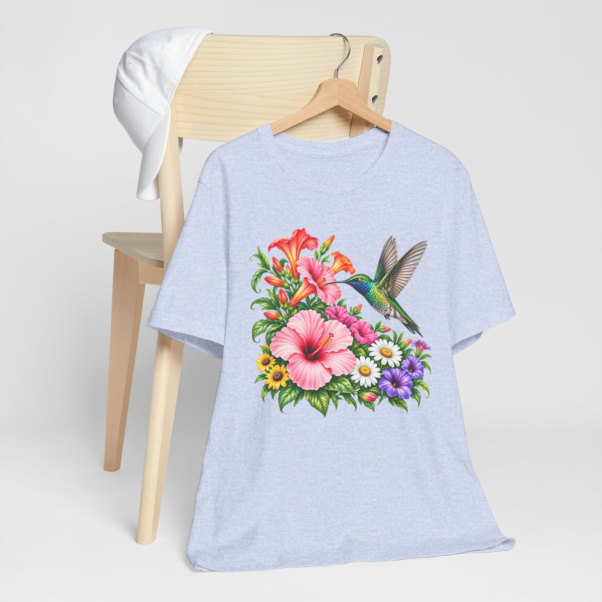 Hummingbird & Hibiscus T-Shirt, Colorful Tropical Floral Garden Tee - 14542