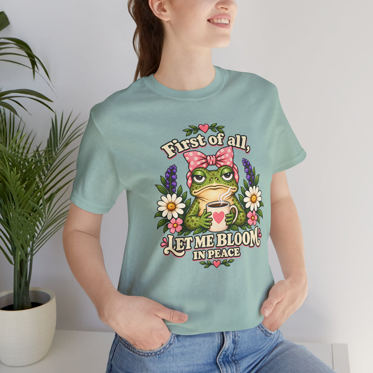 Let Me Bloom in Peace Frog T-Shirt, Cute Floral Coffee Tee - 14500