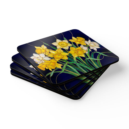 Daffodil Floral  Cork Coaster Set – Vintage Bouquet Drink Coasters (4-Pack) - 14613
