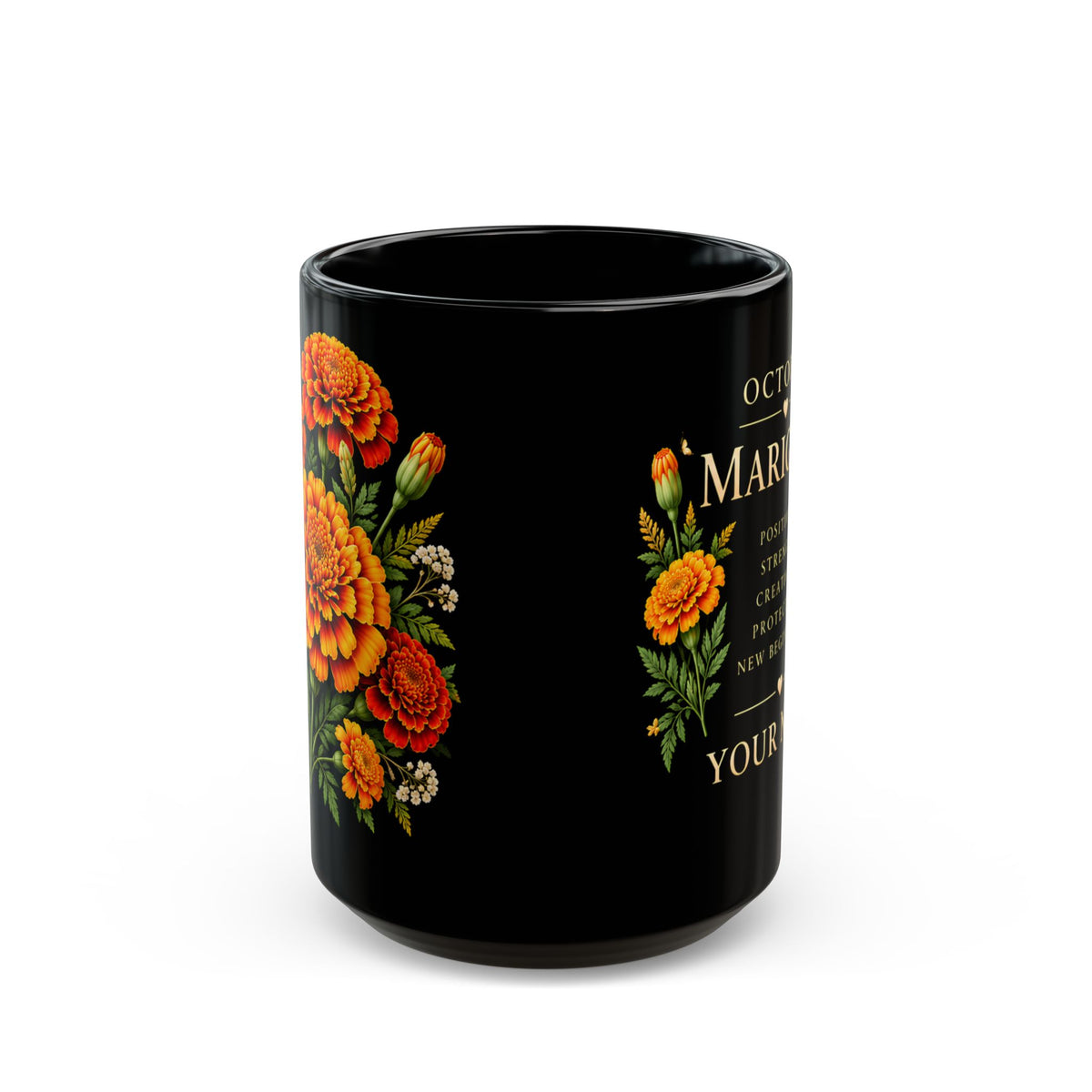 Personalized October Marigold Black Mug, Custom Name Birth Flower Coffee Cup - 14977