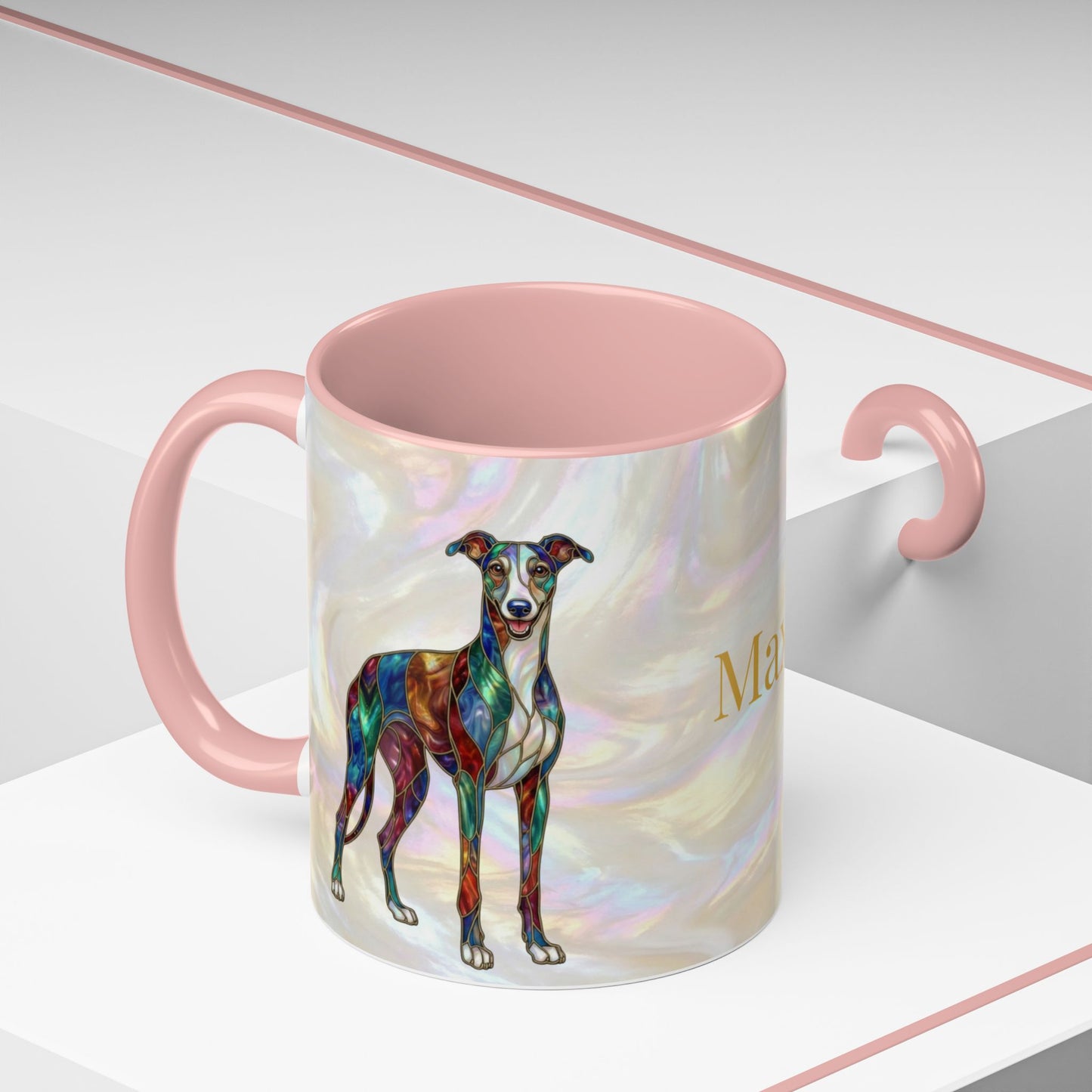 Personalized Greyhound Coffee Mug – Stained Glass Dog Accent Mug (Name Customizable)  - 14523