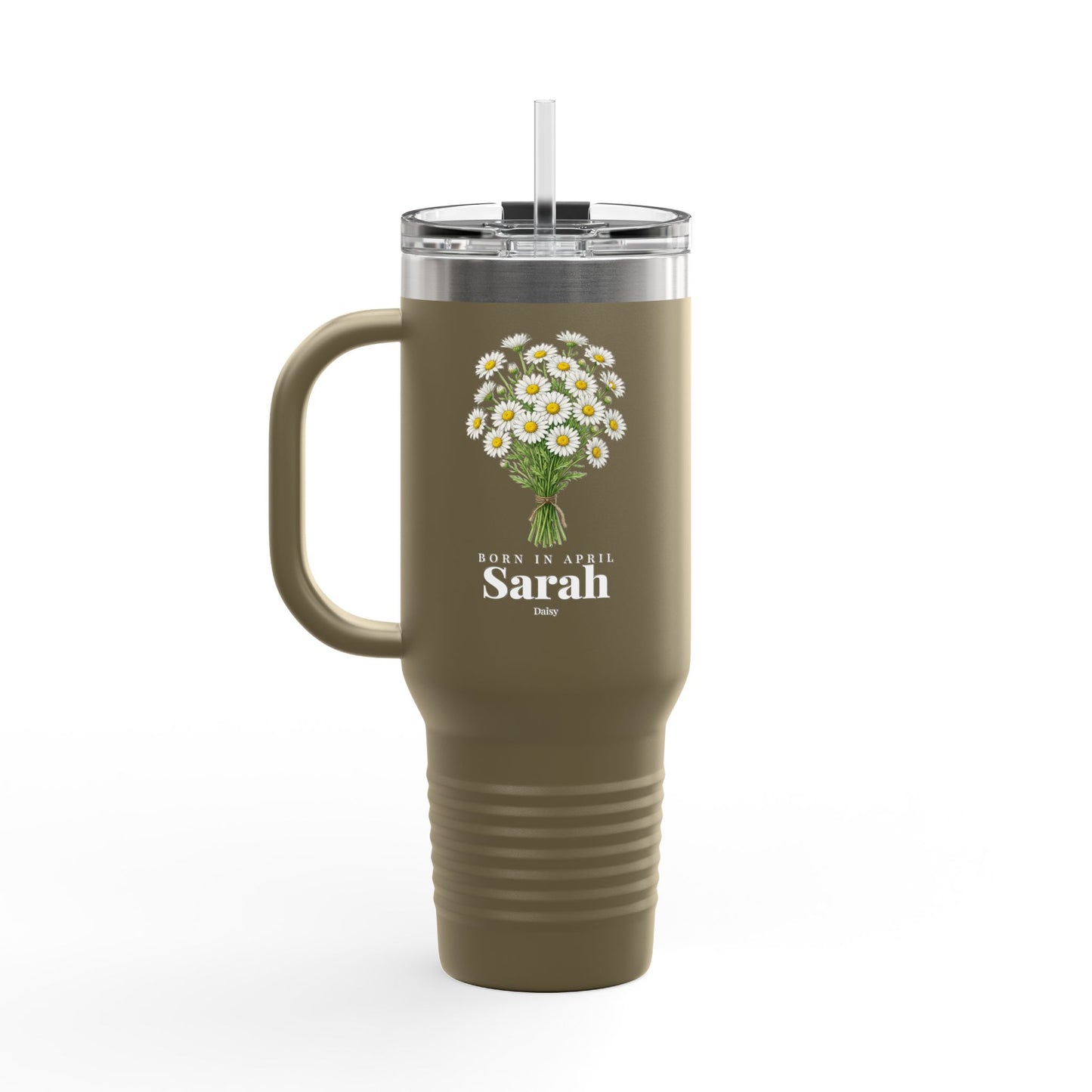Personalized April Daisy Birth Flower 40oz Insulated Travel Mug – Custom Name Birthday Gift - 14837
