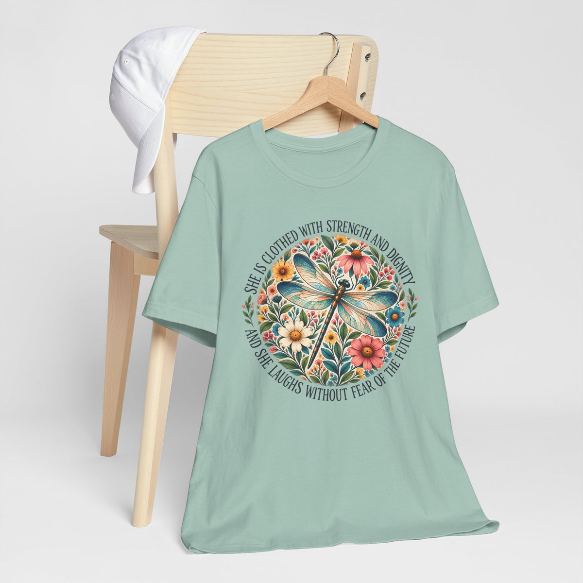Dragonfly Floral T-Shirt, “She Is Clothed With Strength and Dignity” Inspirational Women’s Tee - 14993