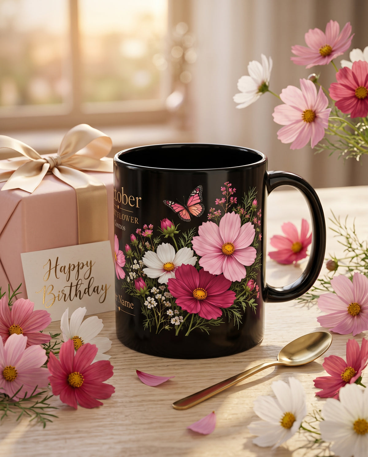 October Birth Flower Mug, Personalized Cosmos Black Coffee Cup - 14980