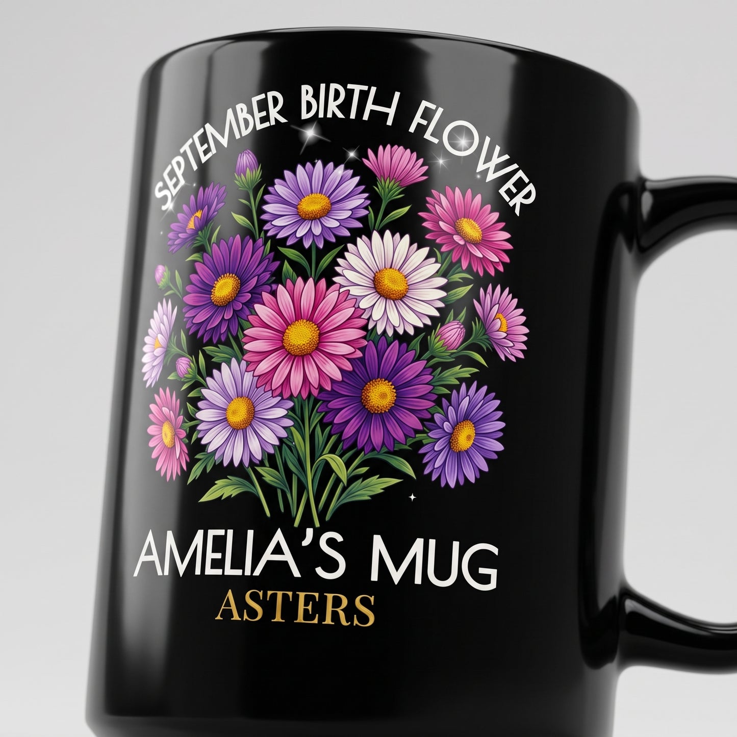 Personalized September Birth Flower Mug — Custom Name Aster Black Coffee Cup (11oz/15oz) - 14918