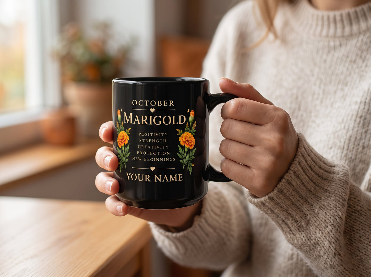 Personalized October Marigold Black Mug, Custom Name Birth Flower Coffee Cup - 14977