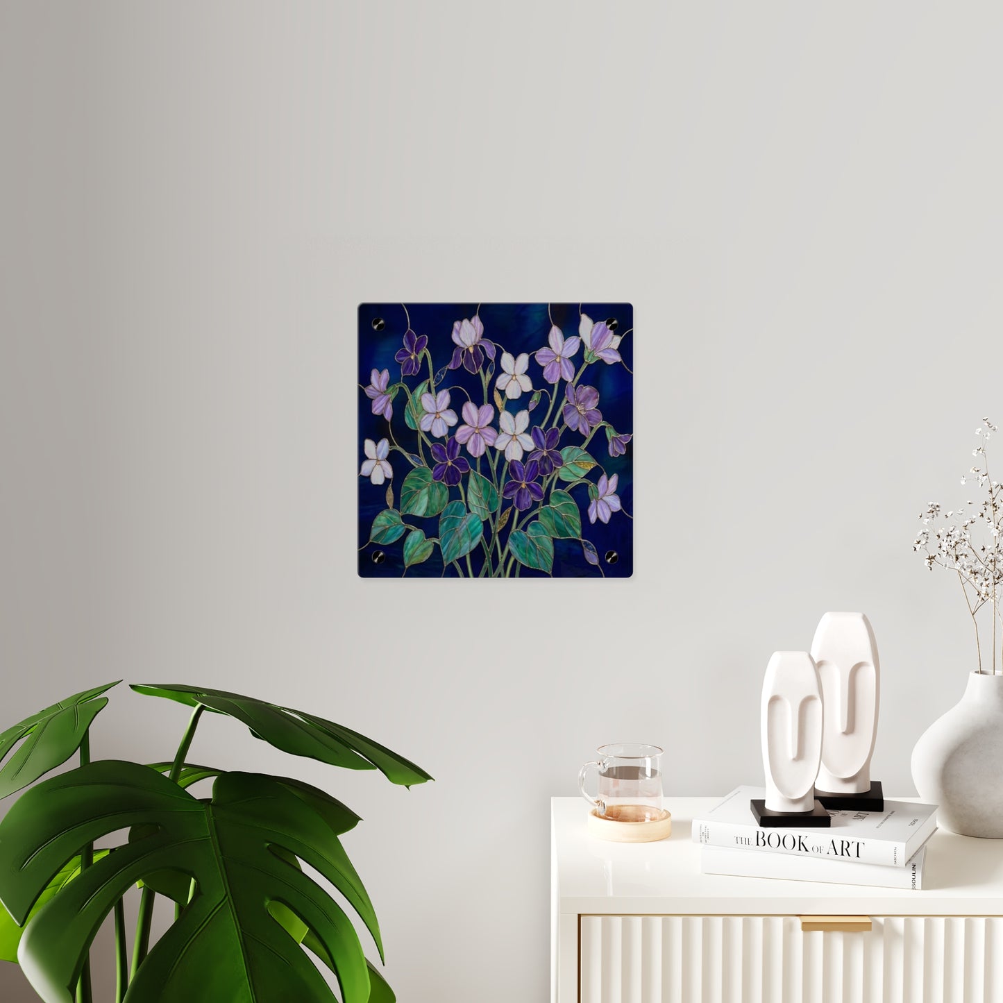 Violet Floral Acrylic Wall Art Panel — Purple Violets on Deep Blue - 14600