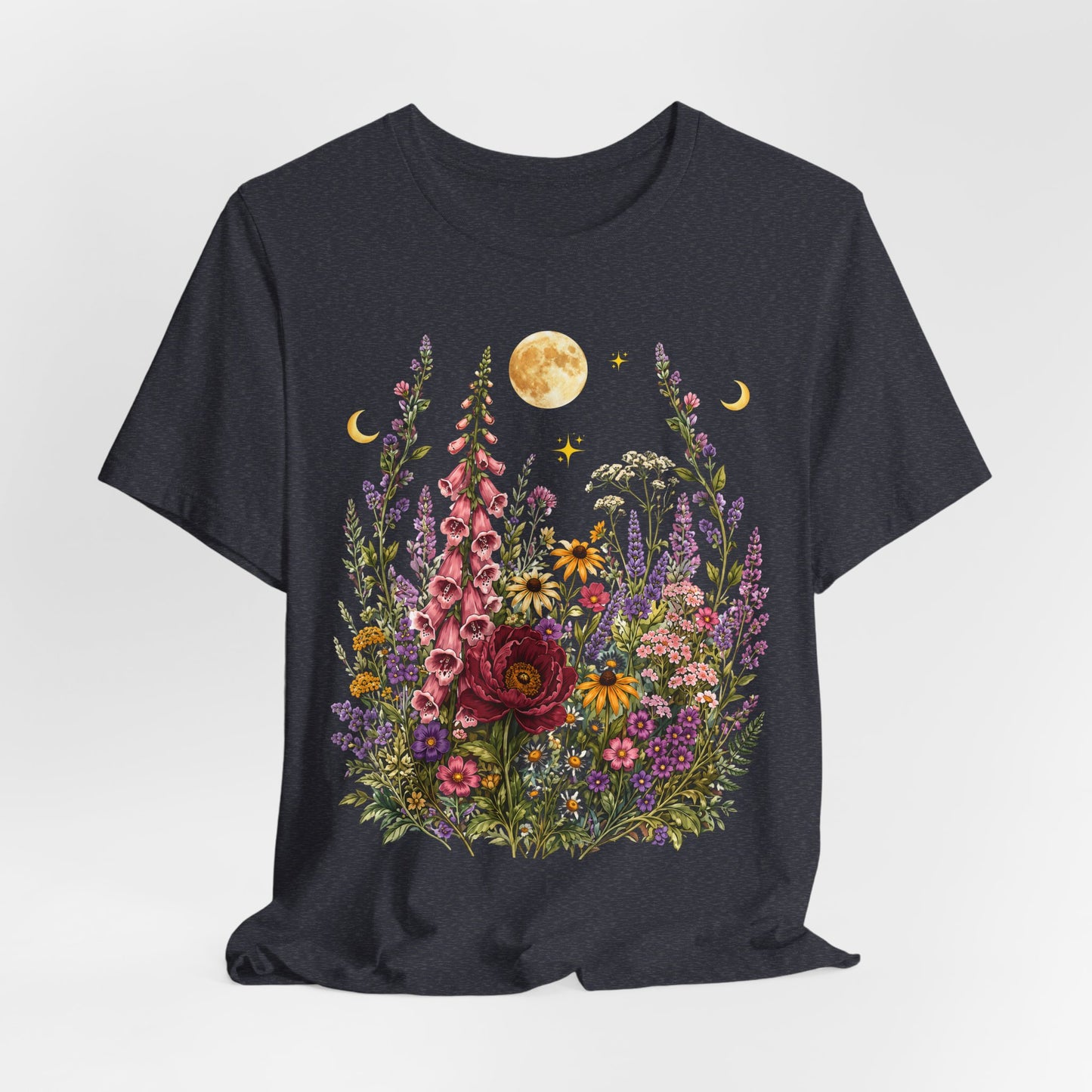 Floral Moon Garden T-Shirt, Vintage Wildflower & Celestial Graphic Tee - 14961