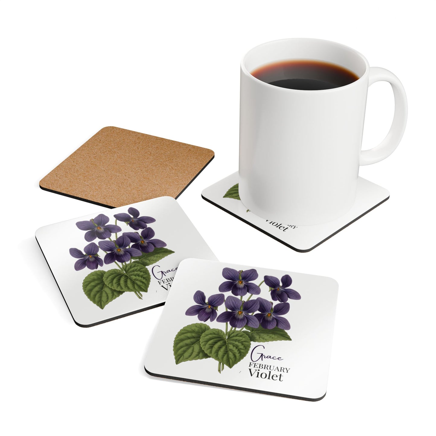 February Birth Flower Violet Cork Coaster Set – Personalized Name Gift - 14689