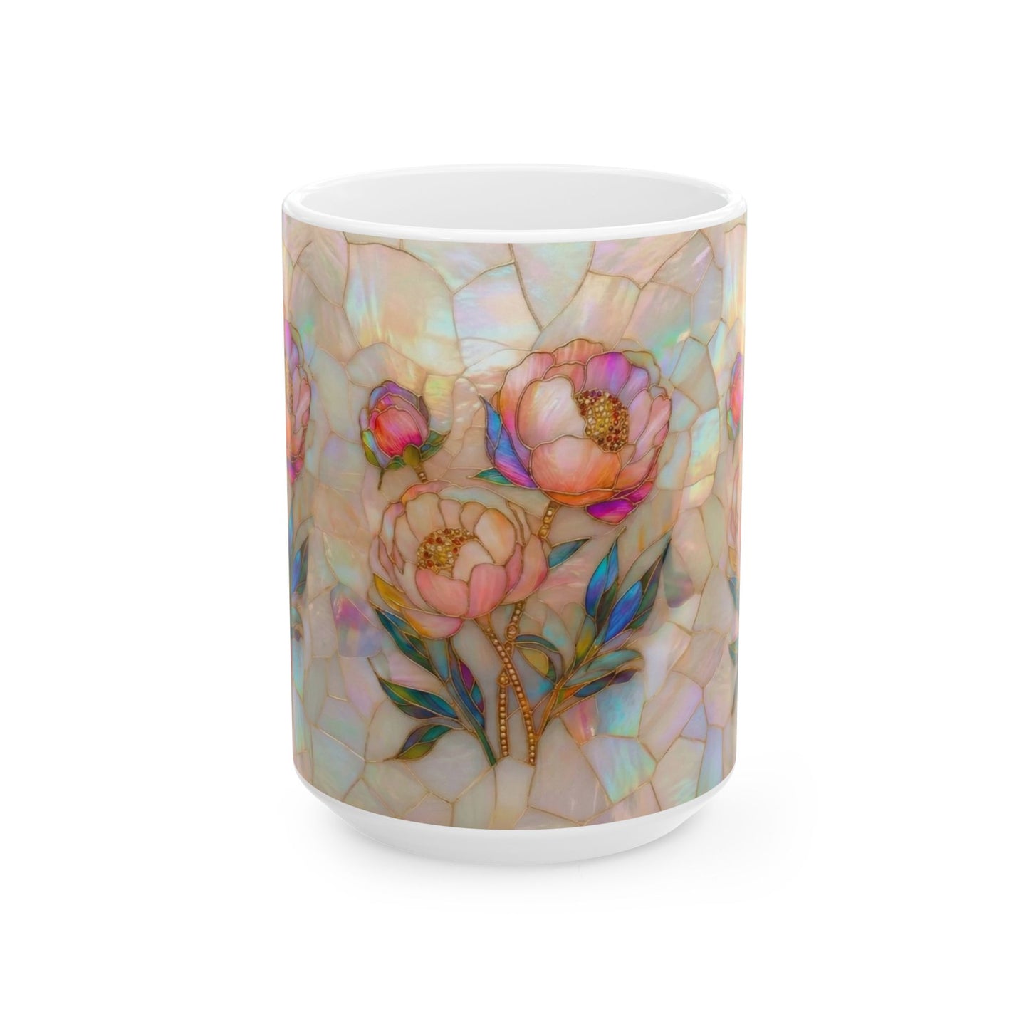 Floral Mosaic Ceramic Mug — Iridescent Peony Stained-Glass Design (11oz & 15oz) - 14518