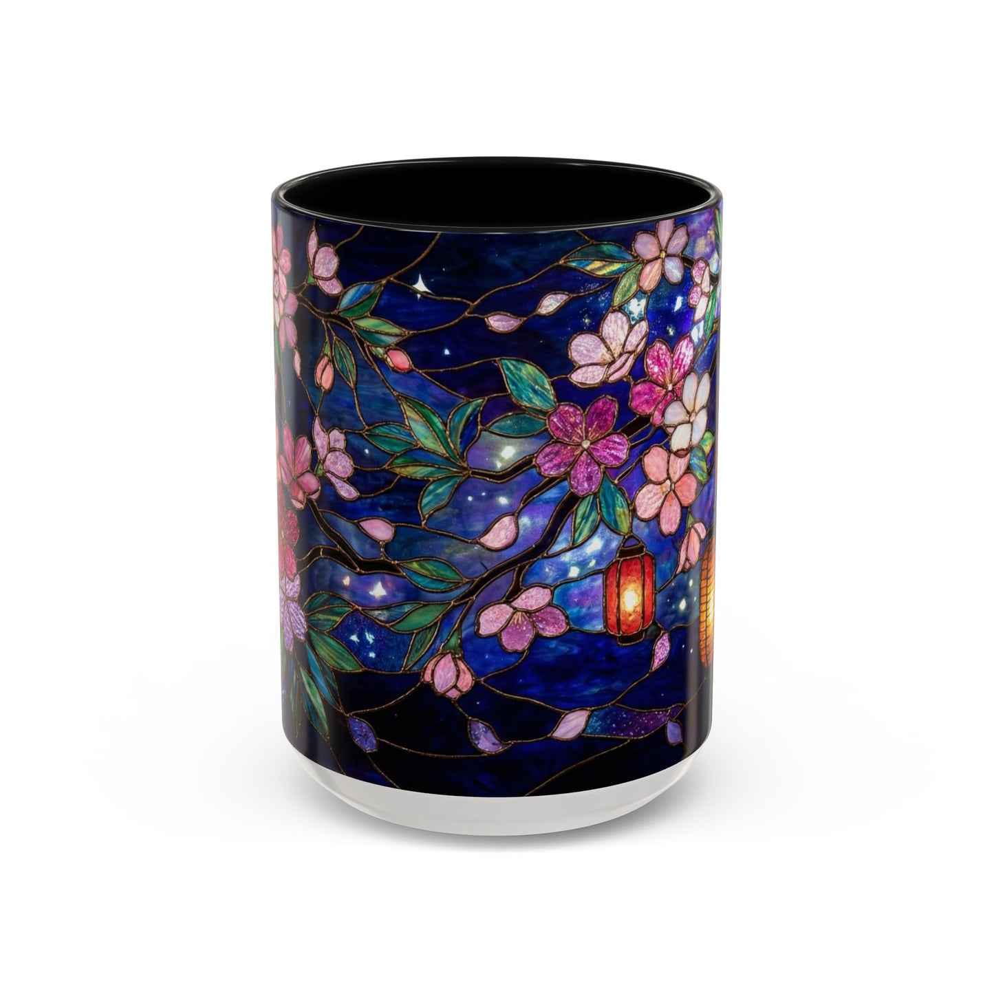 Cherry Blossom Lantern Coffee Mug — Floral Night Sky, Stained Glass Design (11/15 oz) - 14533