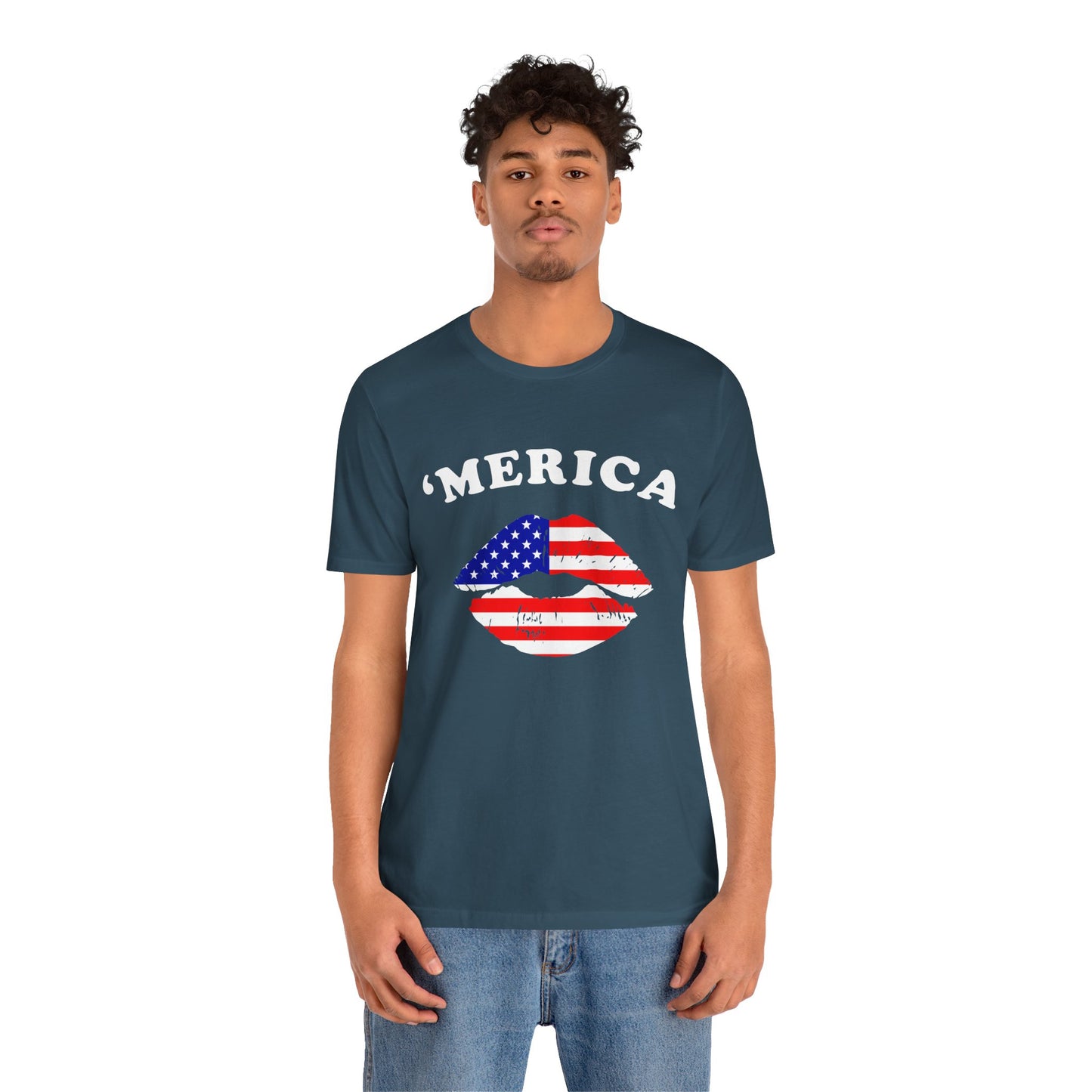 'Merica Unisex Jersey Tee, Patriotic Short Sleeve Shirt, USA Flag Design, Independence Day Apparel, Festival Wear, Summer Casual - 13519
