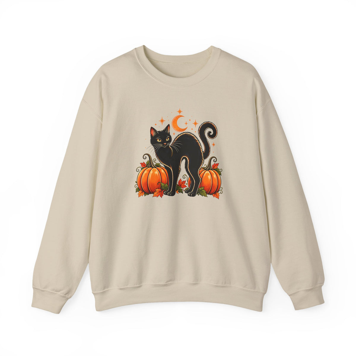 Halloween Black Cat & Pumpkins Sweatshirt, Vintage Autumn Crewneck - 14521
