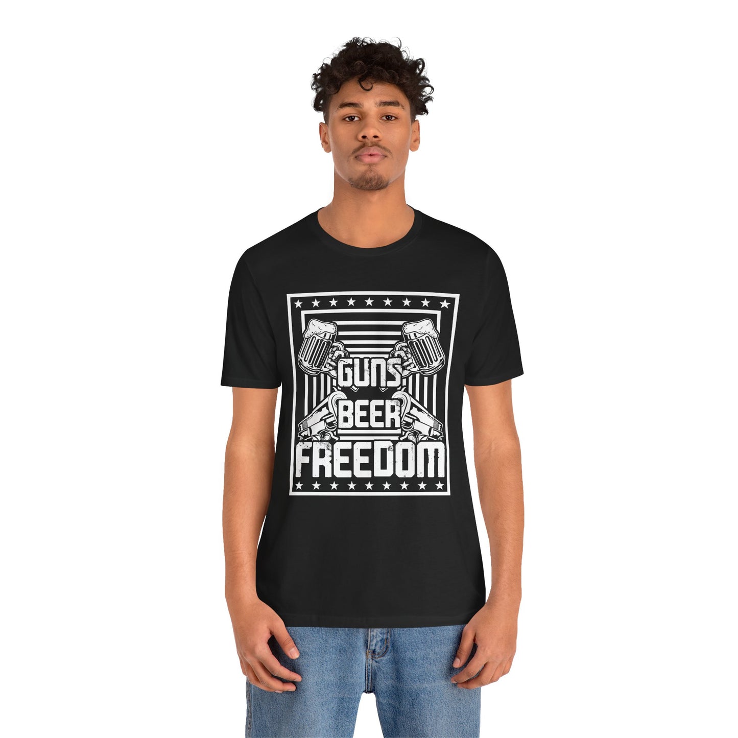 4th of July, Guns Beer Freedom Unisex Tee, Casual Shirt, Patriotic Apparel, Gift for Him, Party Tee, Everyday Wear - 13598