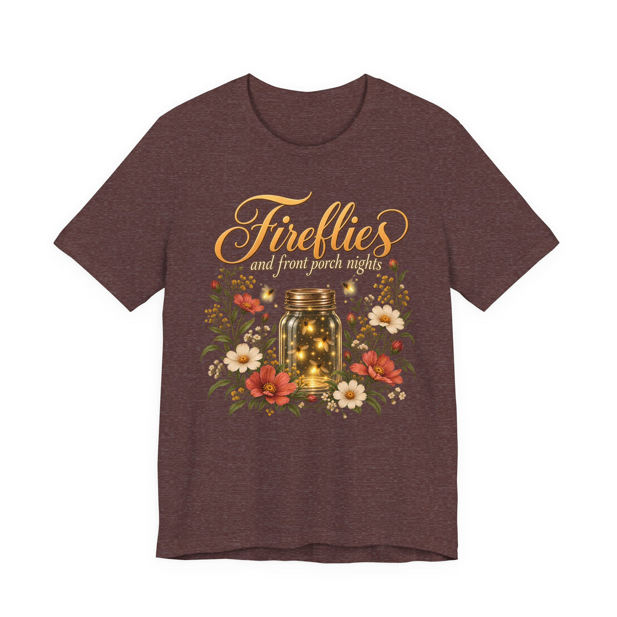 Fireflies and Front Porch Nights T-Shirt, Vintage Floral Mason Jar Tee - 14567