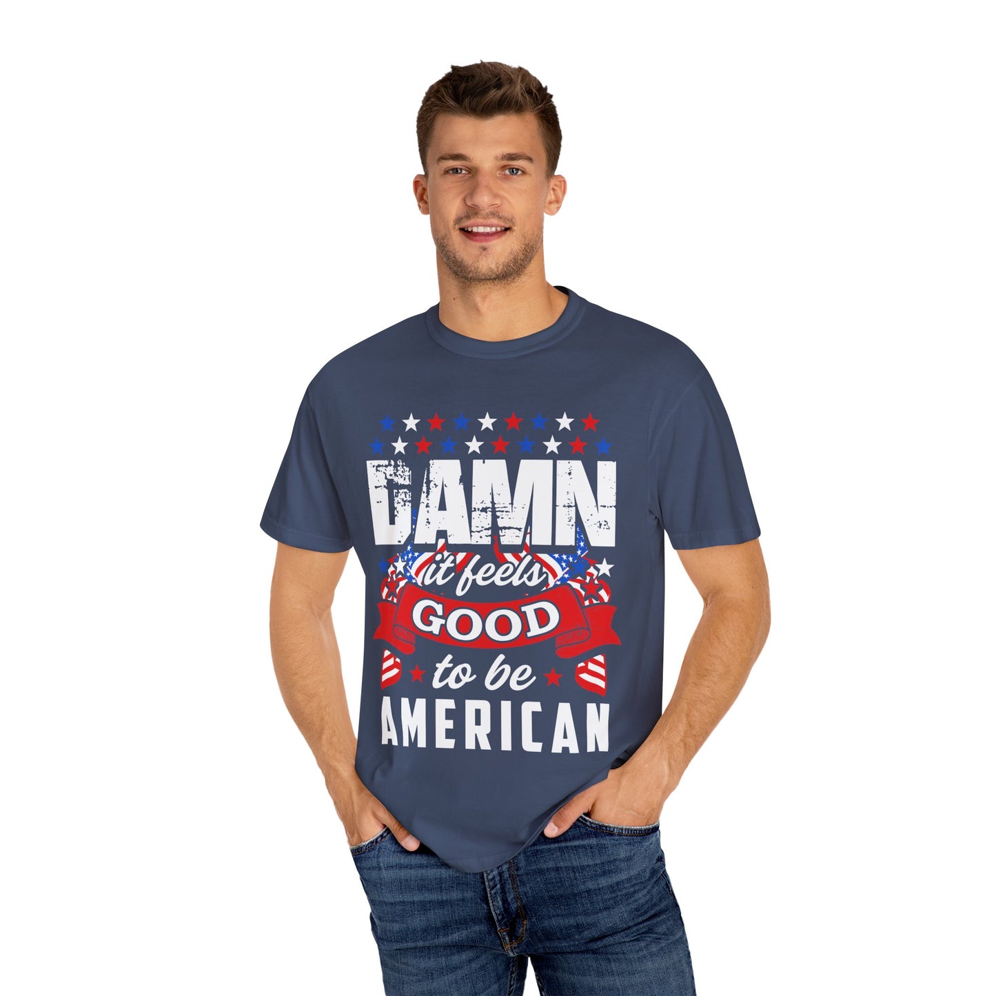 Patriotic T-Shirt with 'Damn it feels Good to be American' Design, Great for 4th of July, BBQs, and Casual Outings, Unisex Top - 13600