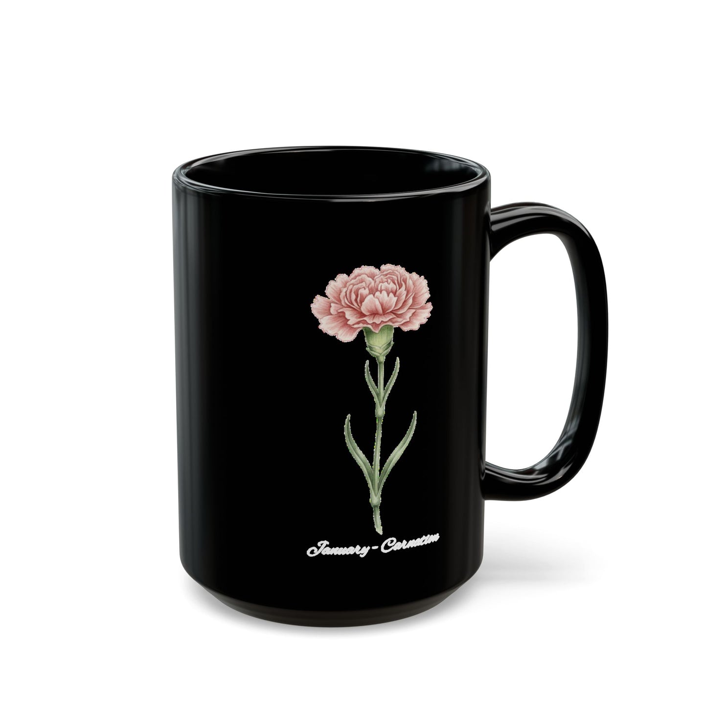 January Carnation Birth Flower Black Mug – Customizable (11oz & 15oz) - 14670