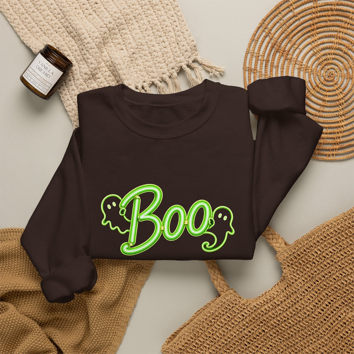 Neon Boo Halloween Sweatshirt, Cute Ghost Crewneck - 14517