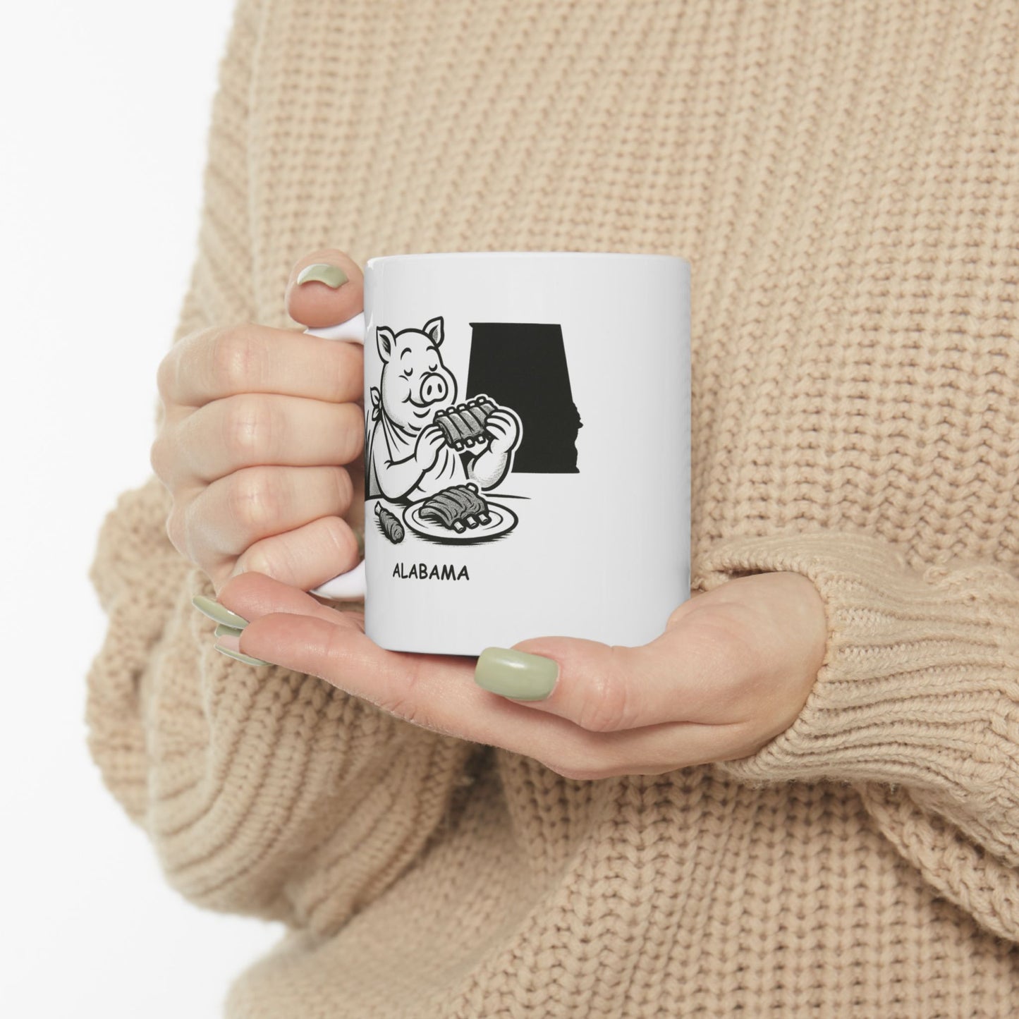 "Alabama: We don’t rush; we savor every moment (and every bite of BBQ)." Ceramic Mug - 11oz & 15oz | 12817