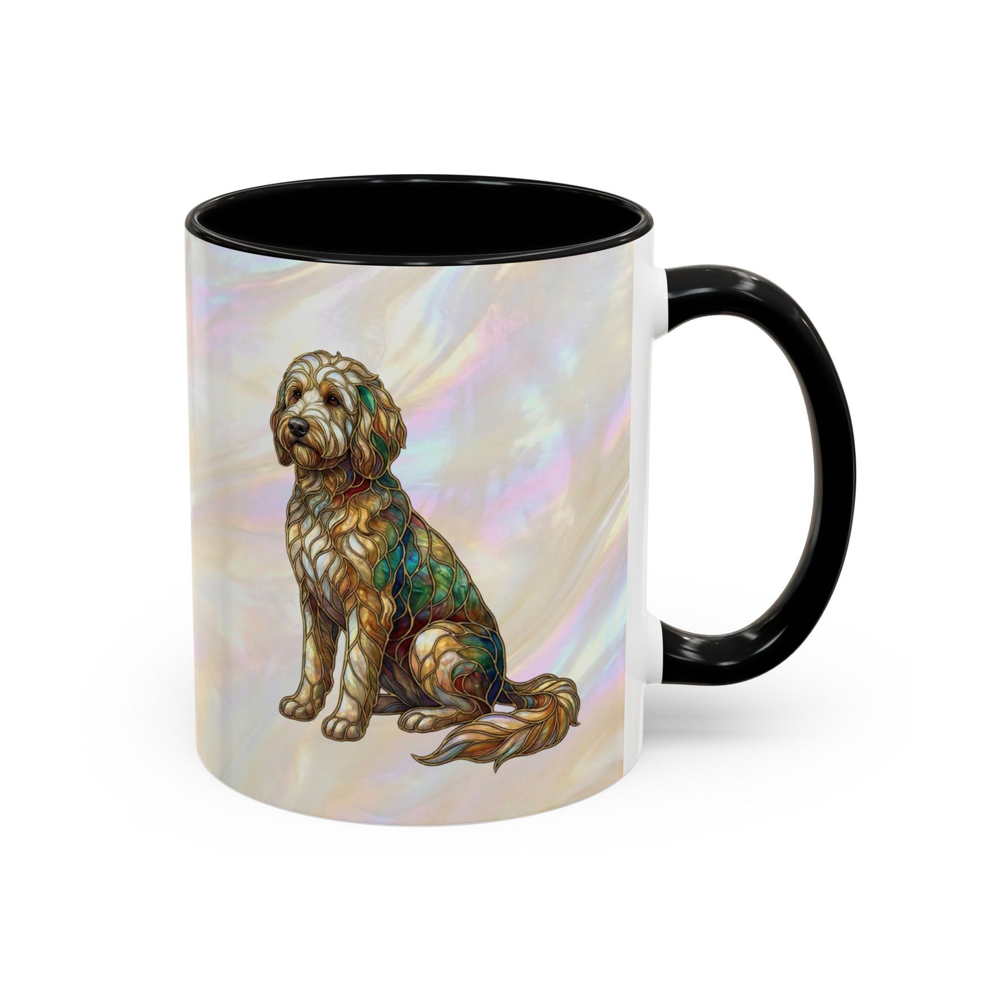 Personalized Dog (Goldendoodle) Coffee Mug - Accent Ceramic Mug with Name and Stained Glass Design - 14530
