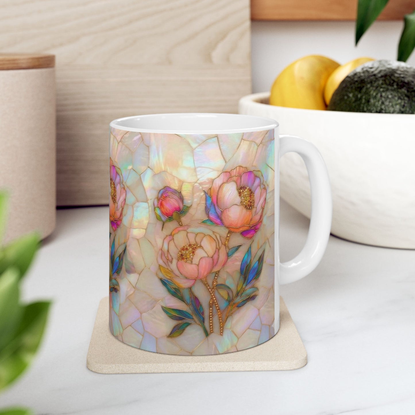 Floral Mosaic Ceramic Mug — Iridescent Peony Stained-Glass Design (11oz & 15oz) - 14518