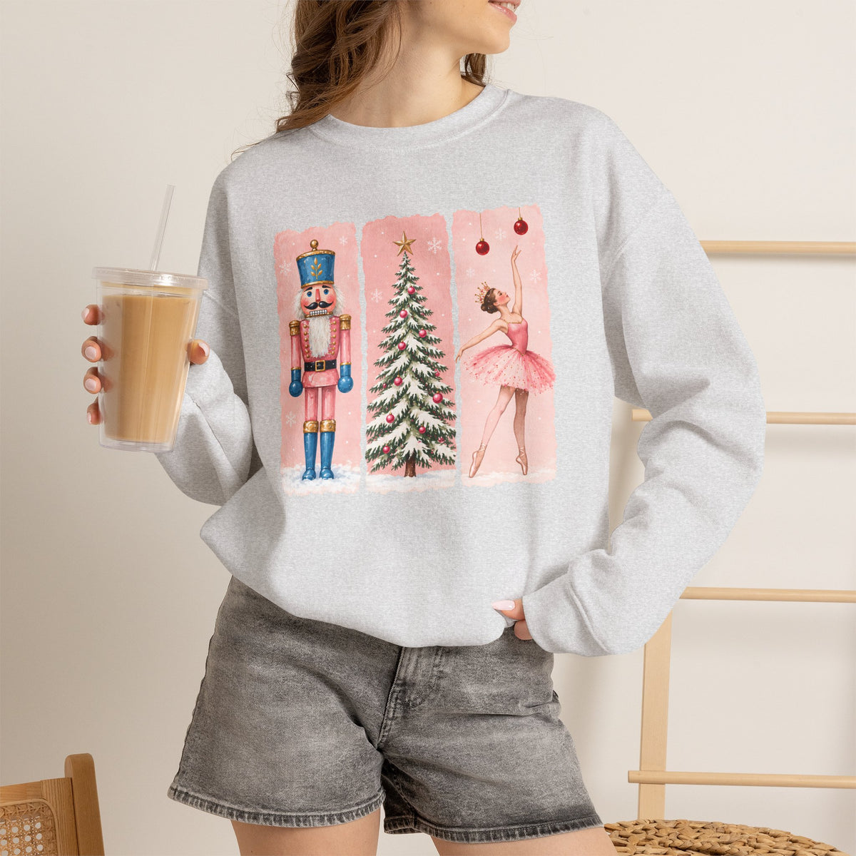 Christmas Nutcracker & Ballerina Sweatshirt, Vintage Pink Holiday Crewneck - 14568