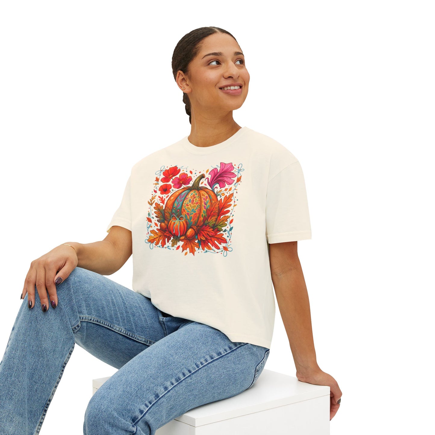 Autumn Pumpkin Floral Boxy T-Shirt,  Women’s Fall Harvest Graphic Tee - 14929