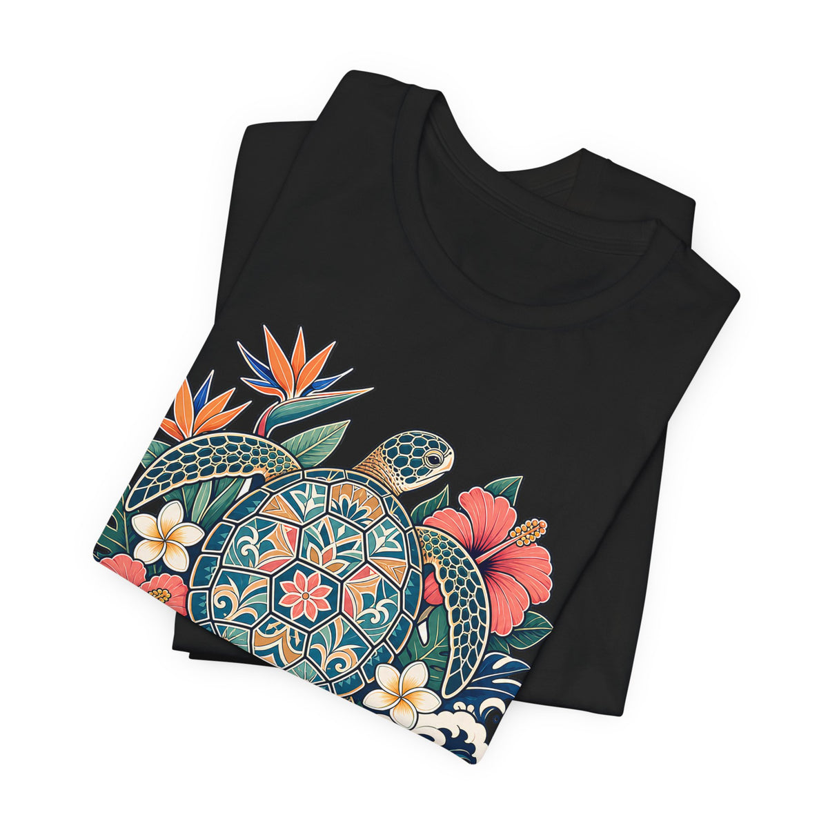 Sea Turtle Floral T-Shirt, Hawaiian Turtle Graphic Tee - 14973