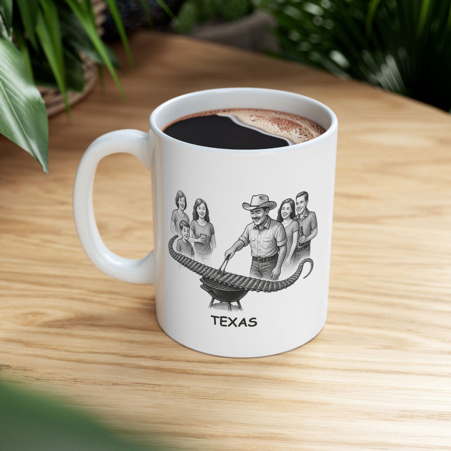 "In Texas, we don’t just ‘grill’—we make a day of it with family, friends, and the longest line of ribs you’ve ever seen." Ceramic Mug - 12752