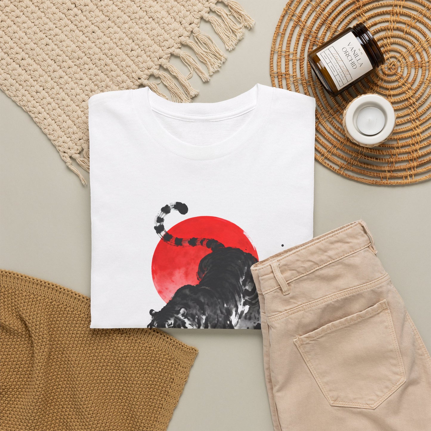 Tiger Spirit T-Shirt – Japanese Ink Tiger & Red Sun Samurai Graphic Tee - 14912