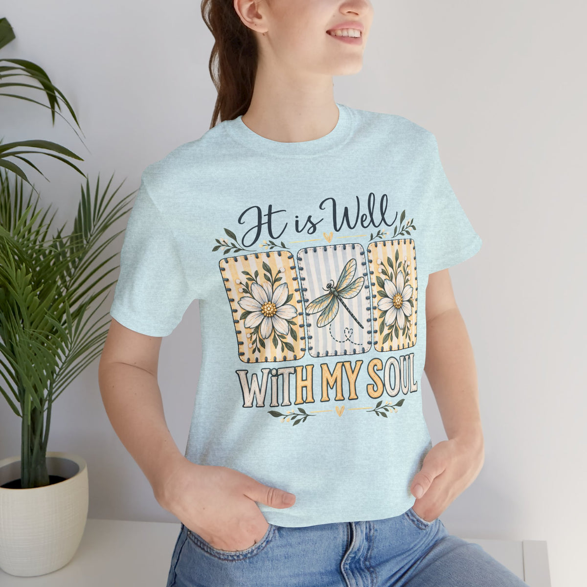 It Is Well With My Soul T-Shirt, Floral Dragonfly Christian Faith Tee - 14991