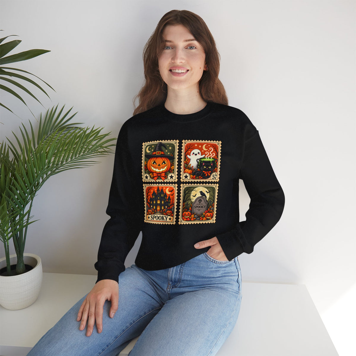 Vintage Halloween Stamp Sweatshirt, Spooky Pumpkin & Ghost Crewneck - 14510
