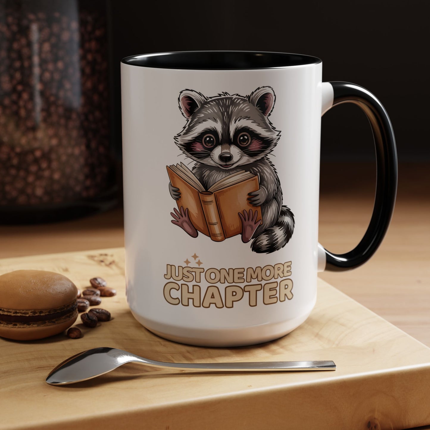 Just One More Chapter Mug – Raccoon Reading Coffee Mug, Book Lover Gift for Teacher or Librarian (11oz / 15oz)- 14792