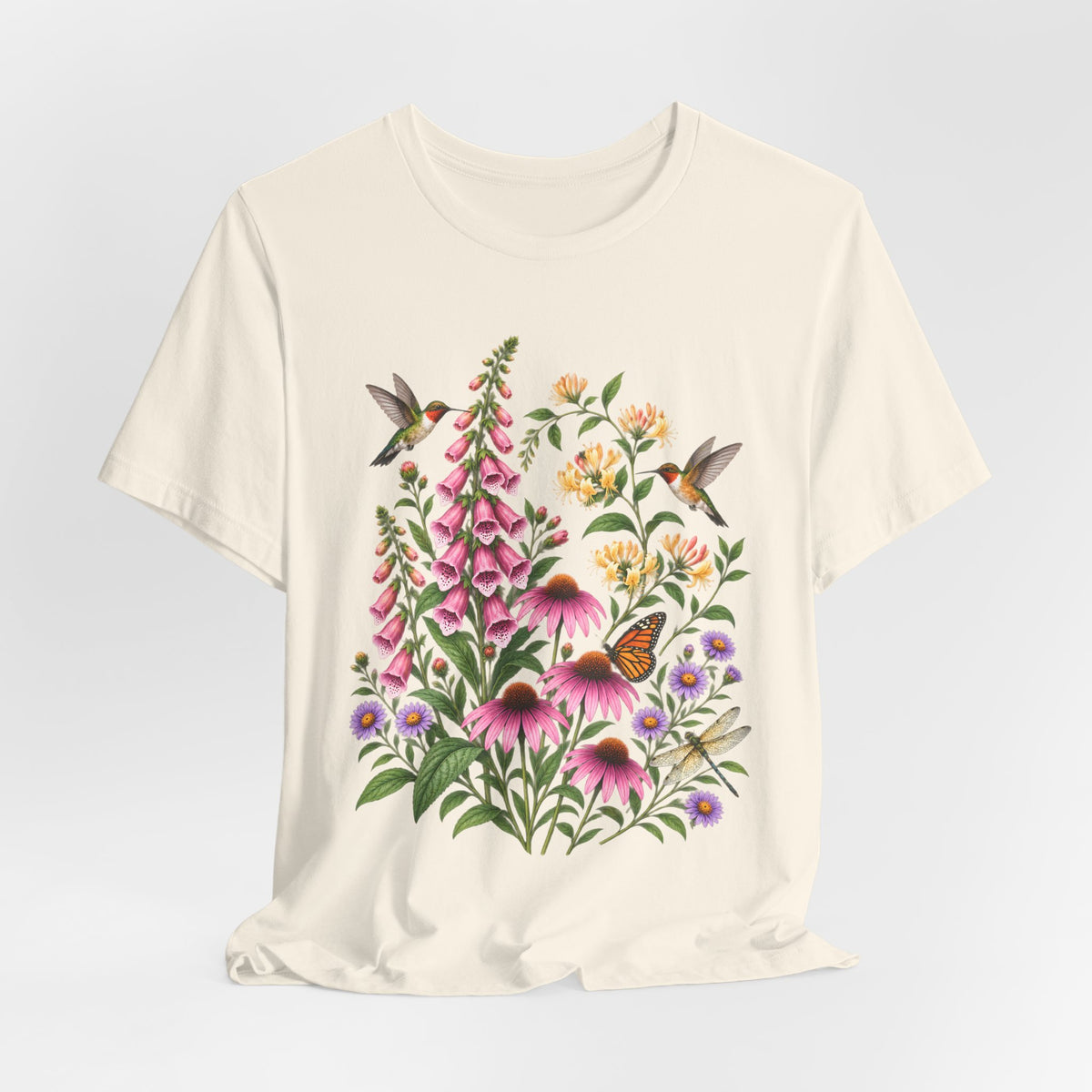 Floral Hummingbird Garden T-Shirt, Wildflower & Butterfly Botanical Tee - 14547