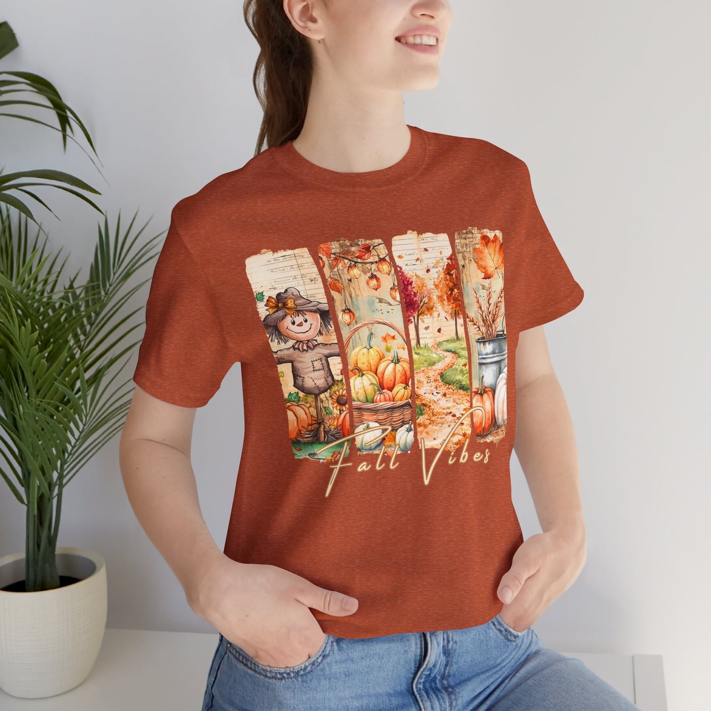 Fall Vibes T-Shirt, Autumn Pumpkin, Scarecrow & Harvest Graphic Tee - 14948