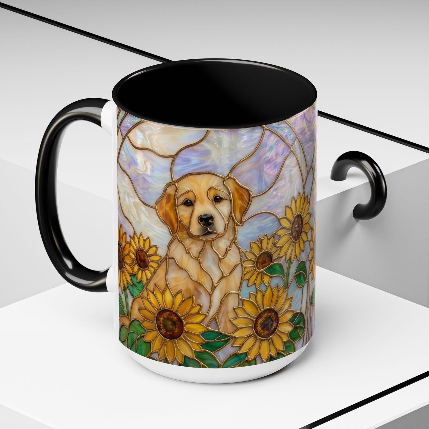 Sunflower Golden Retriever P uppiesAccent Coffee Mug –  Stained Glass Design (11/15 oz) - 14527