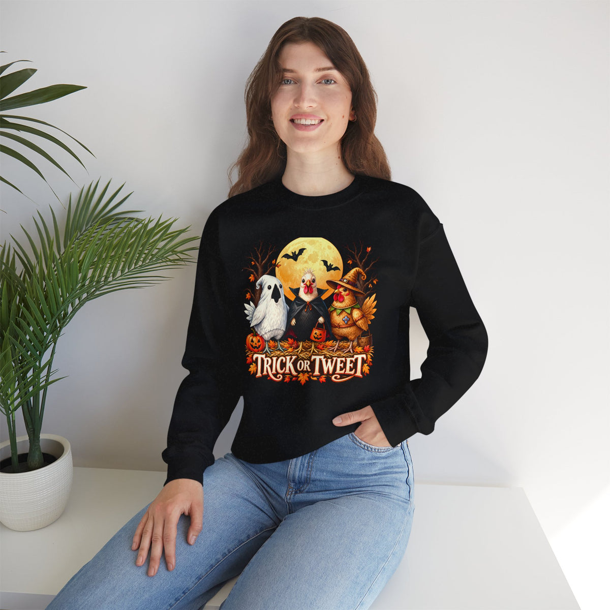 Trick or Tweet Halloween Sweatshirt, Cute Costume Chickens & Ghost Crewneck- 14512