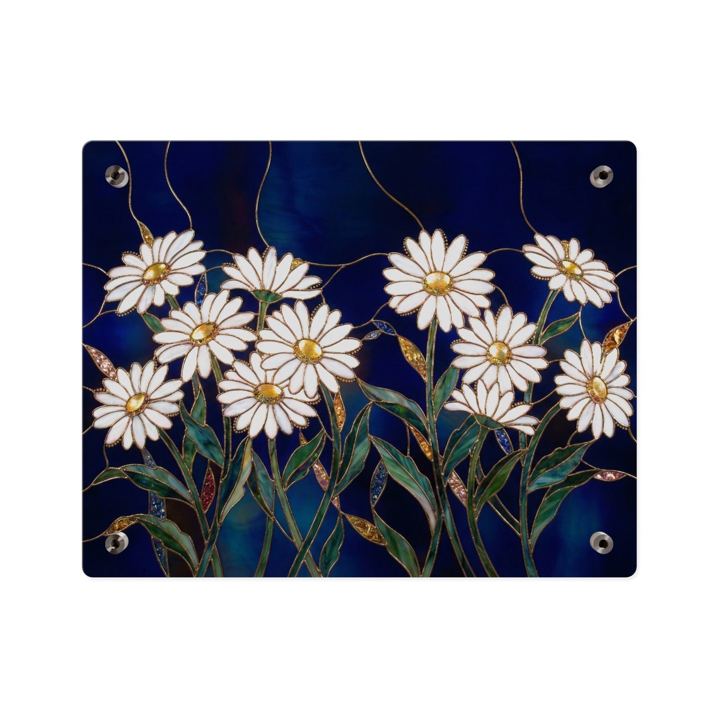Daisy Stained-Glass Acrylic Wall Art Panel — White Daisies on Deep Blue Background - 14602