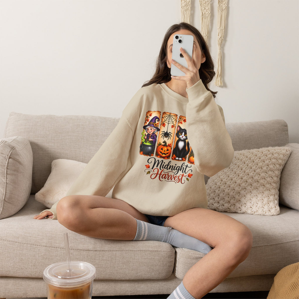 Midnight Harvest Halloween Sweatshirt, Witch, Black Cat, Pumpkins & Spooky Fall Crewneck - 14514