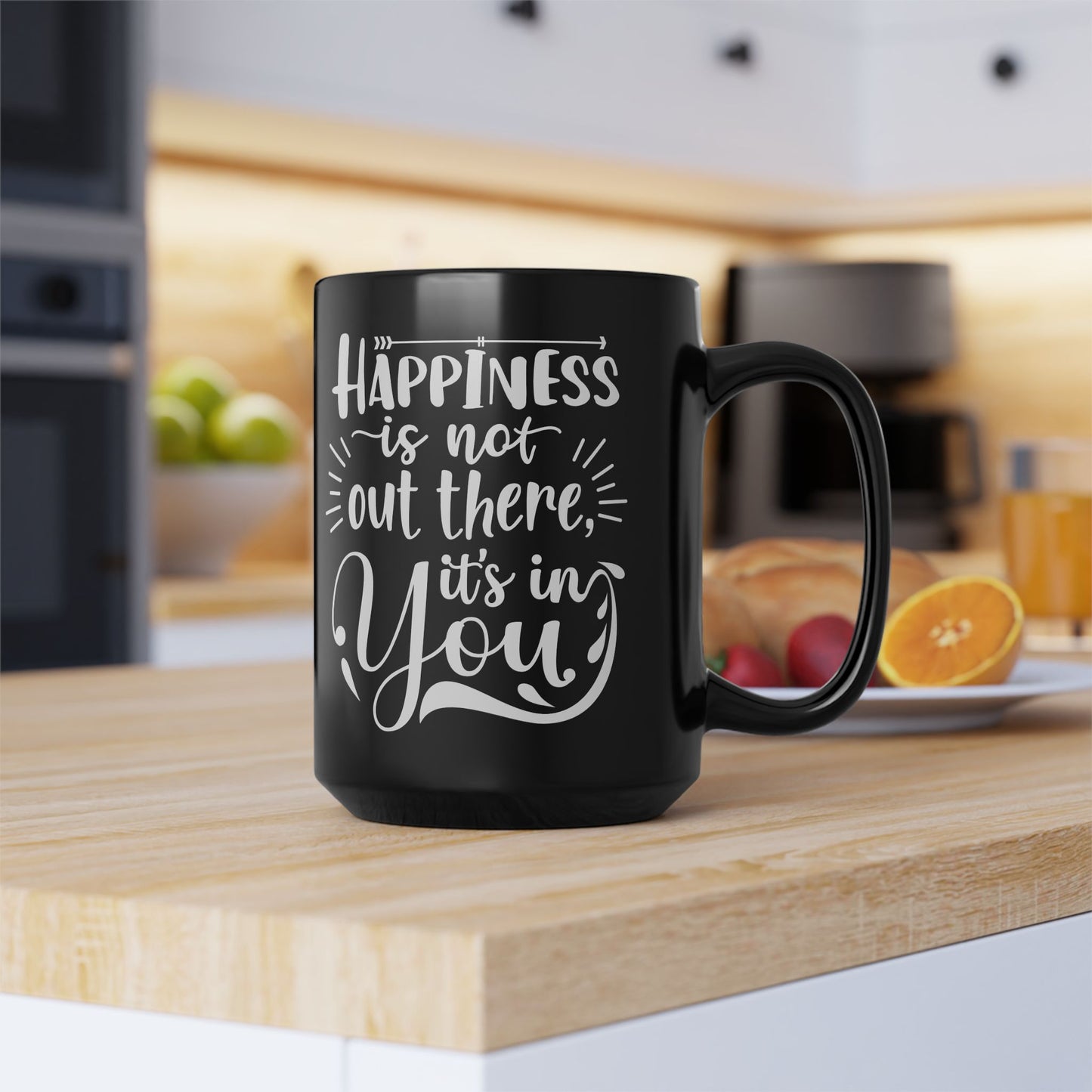 Inspirational Black Mug - Happiness Is Inside You, Funny Coffee Cup, Motivational Gift, Unique Kitchenware, Self-Care Reminder - 14074